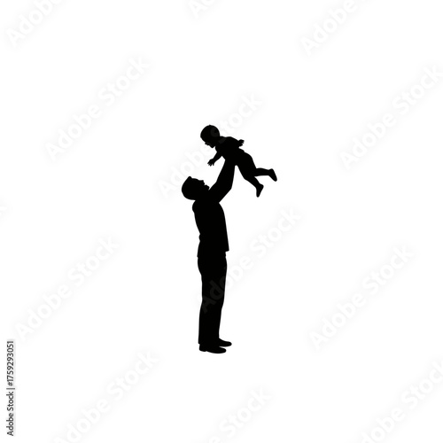 Father lifting baby high in the air, isolated black silhouette illustration on white background.
