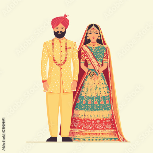 Standing Pose of Sikh Bride and Groom on Pastel Background