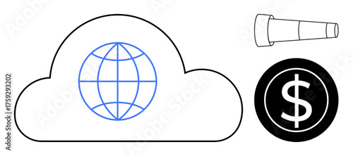 Cloud with a globe, telescope, and dollar sign representing global networks, financial potential, and forward planning. Ideal for technology, finance, innovation, strategy business growth planning