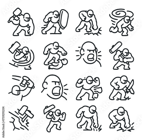 Black and white stick figure icons illustrating martial arts and strengthening exercises