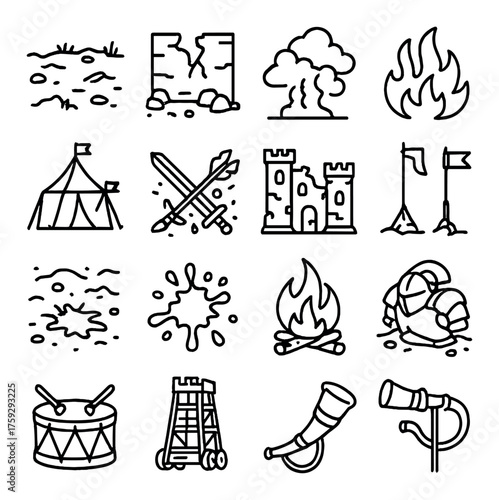 Medieval icon set featuring castles, flames, flags, and military elements in line art style