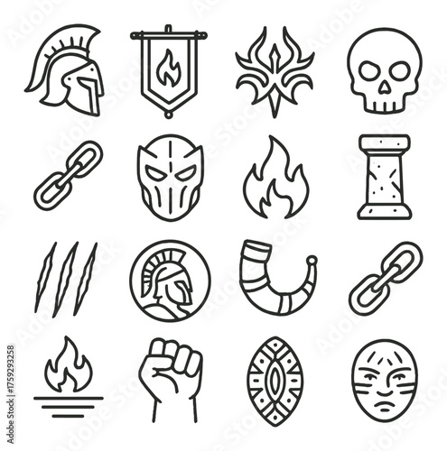 Ancient warrior symbols with helmet, mask, and fire icons on dark background