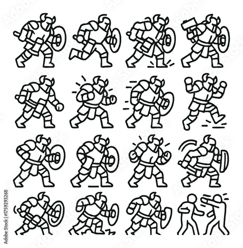 Pixel art knights in various action poses