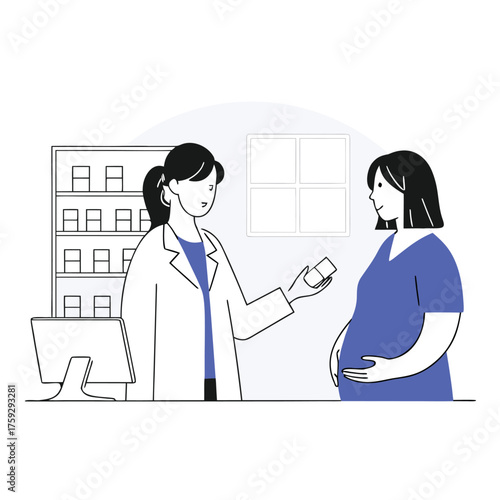 Pregnant woman consulting with a pharmacist receiving medication advice in a pharmacy vector illustration