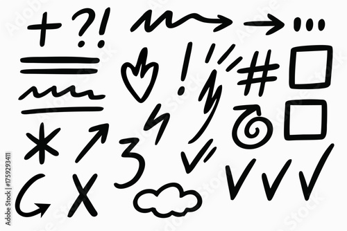 Hand Drawn Doodle Assortment of Arrows, Shapes, and Annotation Marks Vector