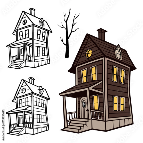 Creepy haunted house illustration with bare tree and spooky design elements