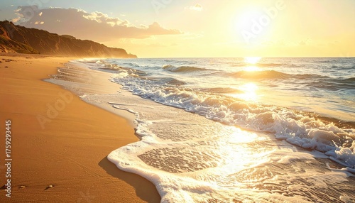 Golden Beach Sunrise Over Gentle Waves Sparkling Under Warm Sunlight Creating Coastal Serenity with Sandy Shoreline and Distant Hills Under a Clear Sky