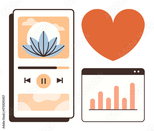 Mobile app screen showing meditation player with lotus flower, bar chart for progress tracking, and heart symbol for wellness. Ideal for mindfulness, self-care, health, technology, calm