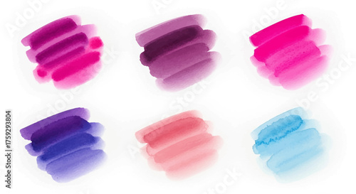 Six Swatches of Vibrant Watercolor Brush Strokes in Shades of Pink Purple Blue and Red