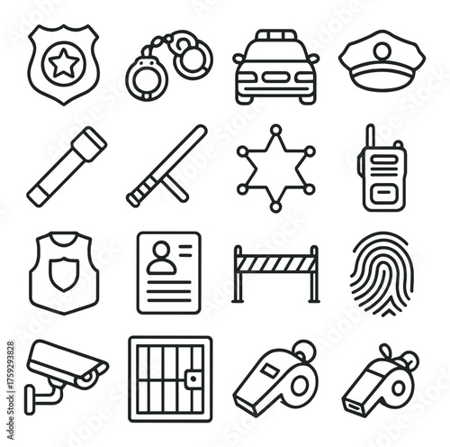 Law enforcement icon set featuring badge car handcuffs shield and whistle