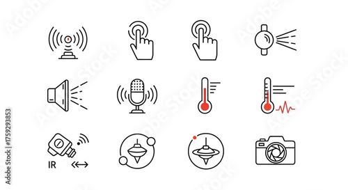 Set of outline icons representing technology and connectivity concepts for digital applications vector