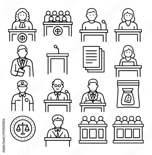 Courtroom icons: judges, lawyers, jury, and legal elements in monochrome style
