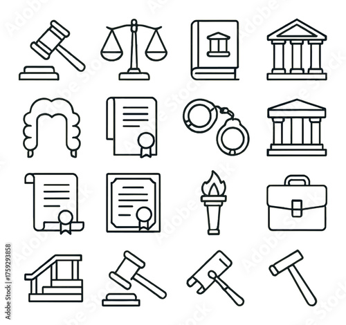 Legal symbols featuring gavel, justice scales, law book, handcuffs, courthouse icons
