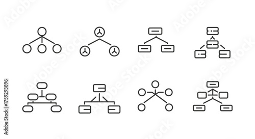 Hand drawn org chart icons diverse hierarchy structures business flowchart templates vector