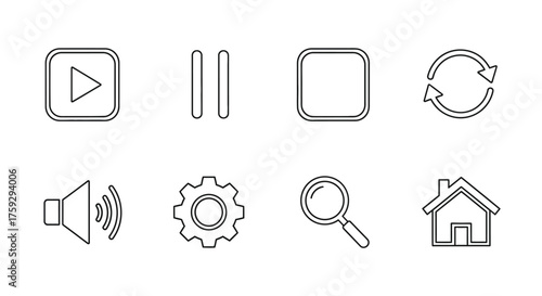 Set of eight common interface icons including play pause refresh speaker settings magnifying glass and home symbol outline style vector