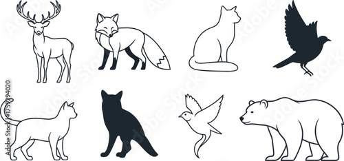 Collection of Hand Drawn Wildlife Animal Silhouettes