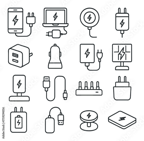 Collection of charging device icons: cables, plugs, adapters, and stations in minimalist design
