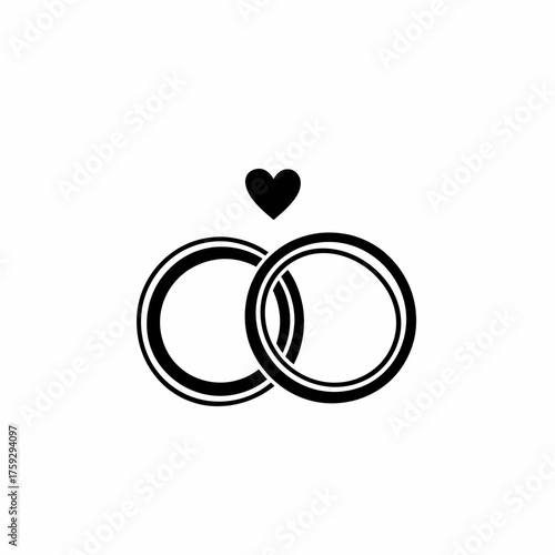 Simple black icon of two wedding rings intertwined beneath a heart.