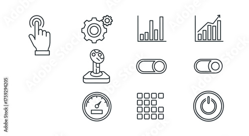 Collection of nine modern line art icons representing digital technology and business concepts vector
