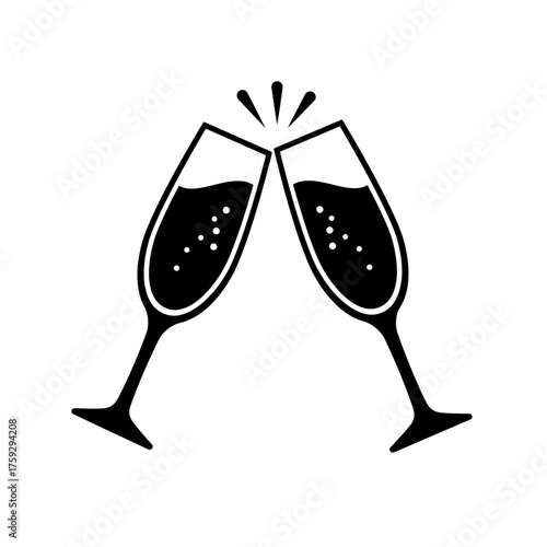 Champagne Flutes Toast Icon: Black and White Silhouette for Celebration and Party Designs.