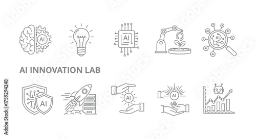 Modern ai innovation lab concept icons set representing artificial intelligence technology and future development vector