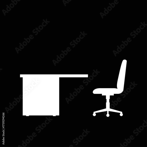 Simple graphic icon of an office desk and swivel chair setup.