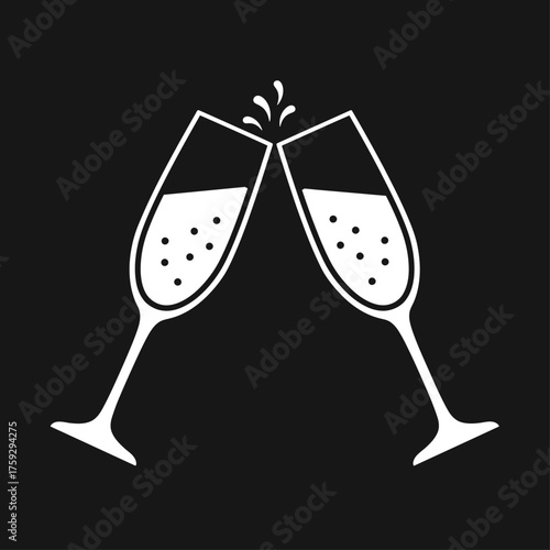 White vector icon of champagne flutes clinking in a celebratory toast on a black background.