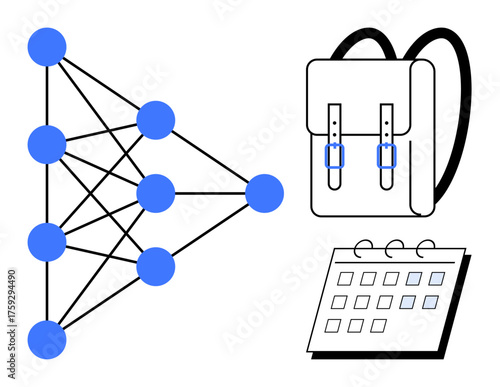 Neural network diagram, school backpack, and a calendar for representing AI in education, study planning, or scheduling. Ideal for machine learning, technology, education, data AI connectivity