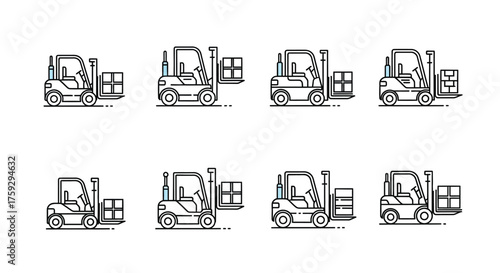 Set of eight hand-drawn forklift icons showing lifting and moving cargo boxes in a warehouse environment vector