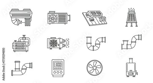 Set of industrial equipment schematics line drawings technical diagrams equipment icons vector