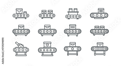 Industrial conveyor belt systems icons set mechanical automation assembly line production industry elements vector