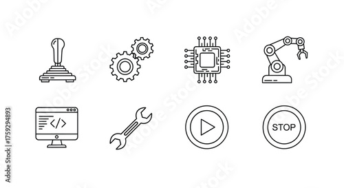Set of eight hand drawn icons representing technology development and automation vector