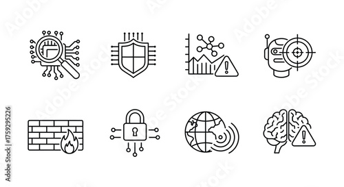 Collection of cybersecurity icons representing data protection network security and digital threats vector