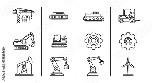 Industrial icons collection featuring construction machinery and engineering elements doodle style vector