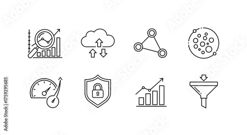 Hand drawn icons representing data analysis cloud security network connection and sales funnel concepts vector