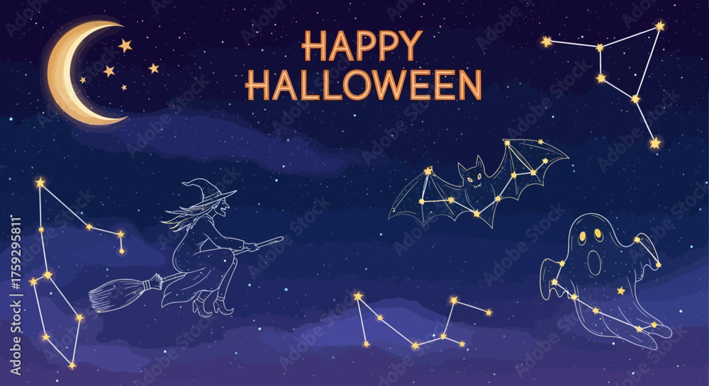 Fototapeta premium Magical starry night features witch, bat, and ghost constellations for your enchanting Halloween celebration designs
