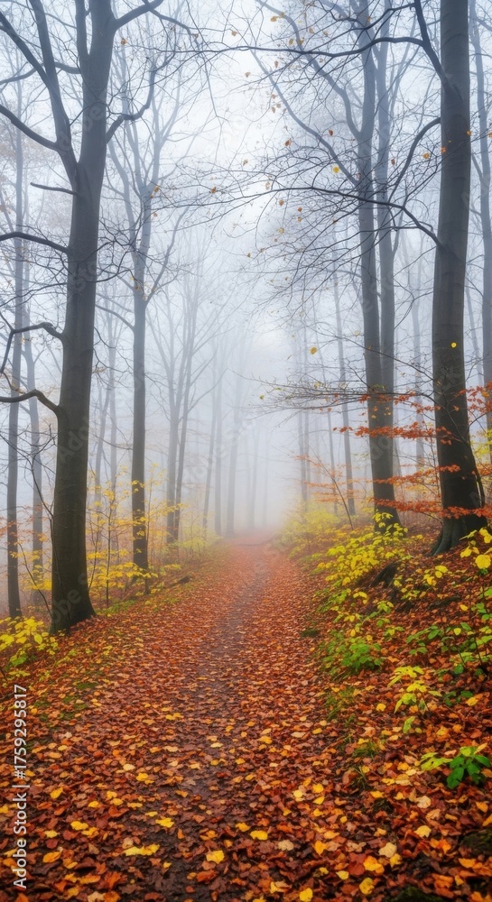 Obraz premium Enchanting autumn pathway in misty forest capturing nature's transition