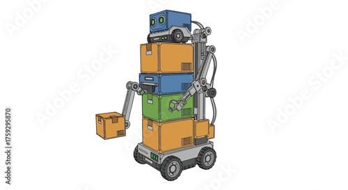 Automated robotic forklift stacked high with colorful shipping boxes and cargo containers loading cargo vector