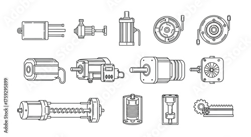 Collection of technical mechanical drawings and blueprints of various components and devices vector