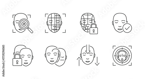 Facial recognition technology icons set digital security and biometric identification concepts vector