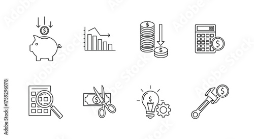 Hand drawn financial icons set piggy bank graph calculator money saving ideas business growth vector