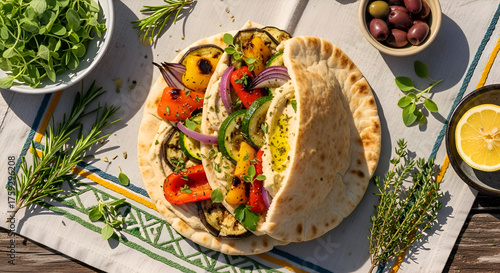 Delicious grilled vegetable and hummus pita sandwich with herbs and olives natural light