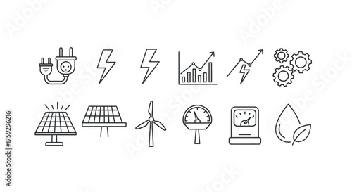 Hand drawn energy icons collection representing renewable energy sustainability and growth vector