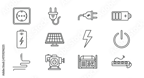 Collection of electrical energy icons featuring power outlets plugs batteries solar panels and generators vector