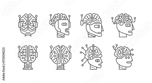 Abstract robotic heads with detailed circuitry and neural networks explores artificial intelligence concepts vector