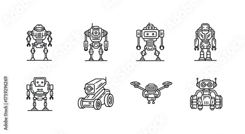 Set of eight hand drawn sketchy robots for futuristic technology and ai concepts vector
