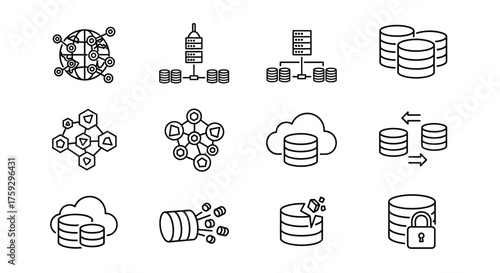 Set of hand-drawn icons representing data storage cloud computing and networking concepts vector