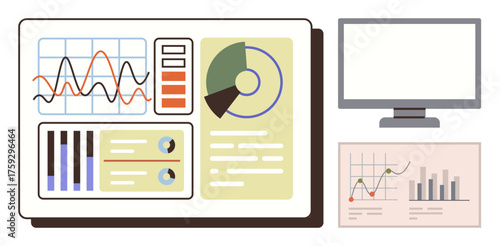 Analytical dashboard featuring line graphs, pie charts, bar graphs, and performance metrics, alongside a monitor and presentation chart. Ideal for data analysis, reporting, business strategy