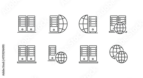 Server racks and globes icons set representing global data centers and network infrastructure vector