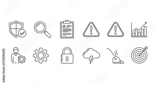 Collection of hand drawn business icons for security analysis strategy and risk management solutions vector